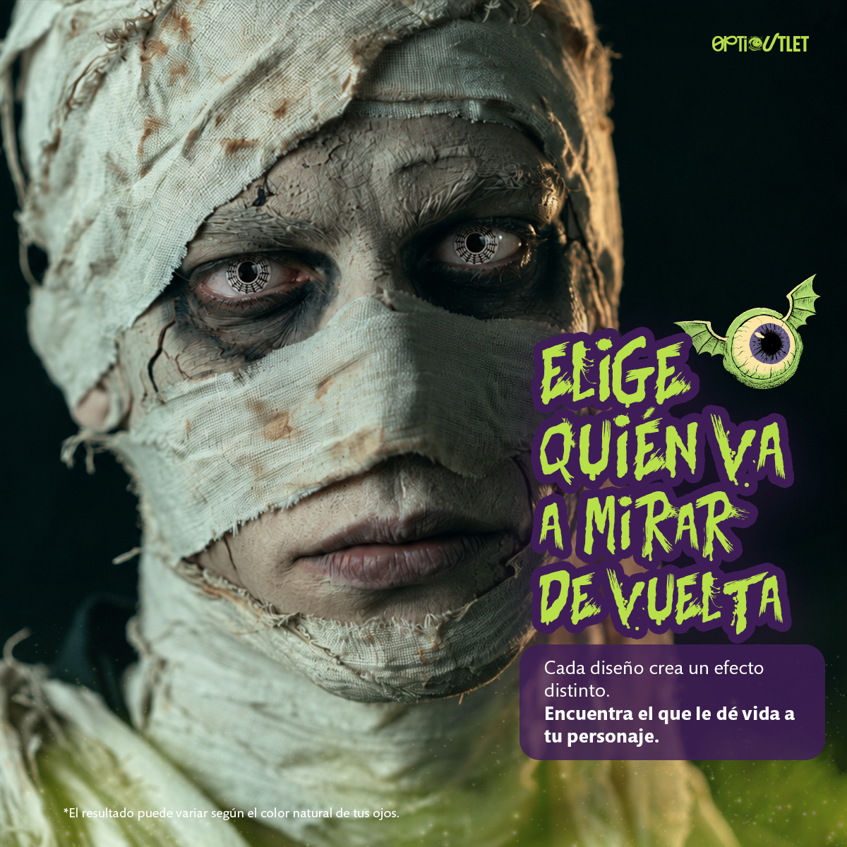 Modelo caracterizado con los pupilentes de fantasía Telaraña Blanco