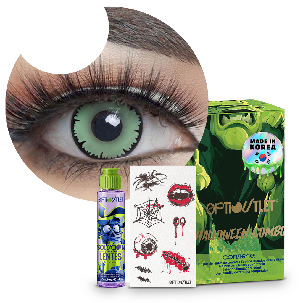 Combo Halloween Vampiro Louis: pupilentes de fantasía, estuche, solución limpiadora y tatuajes temporales