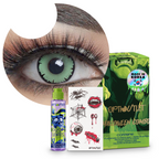 Combo Halloween Vampiro Louis: pupilentes de fantasía, estuche, solución limpiadora y tatuajes temporales