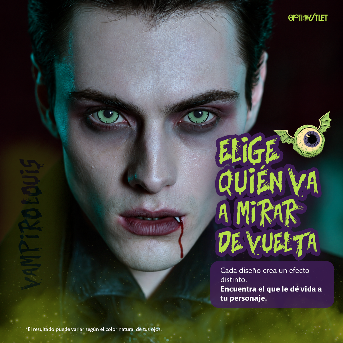 Modelo caracterizado con los pupilentes de fantasía Vampiro Louis