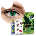 Combo Halloween Verde Cobra: pupilentes de fantasía, estuche, solución limpiadora y tatuajes temporales