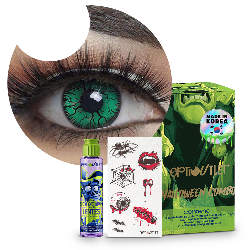 Combo Halloween Verde Crack: pupilentes de fantasía, estuche, solución limpiadora y tatuajes temporales