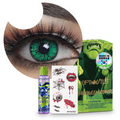 Combo Halloween Verde Crack: pupilentes de fantasía, estuche, solución limpiadora y tatuajes temporales