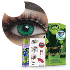 Combo Halloween Verde Crack: pupilentes de fantasía, estuche, solución limpiadora y tatuajes temporales