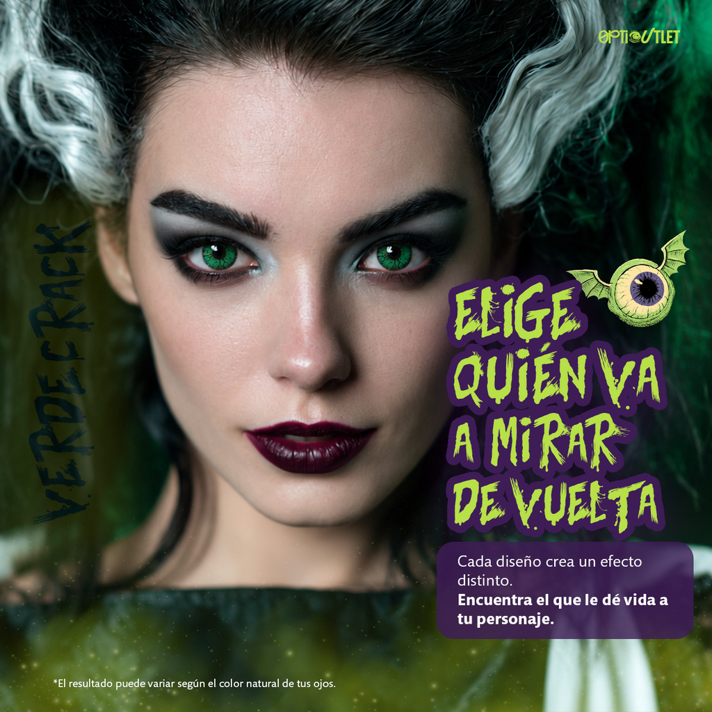 Modelo caracterizado con los pupilentes de fantasía Verde Crack