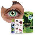 Combo Halloween Verde Duende: pupilentes de fantasía, estuche, solución limpiadora y tatuajes temporales