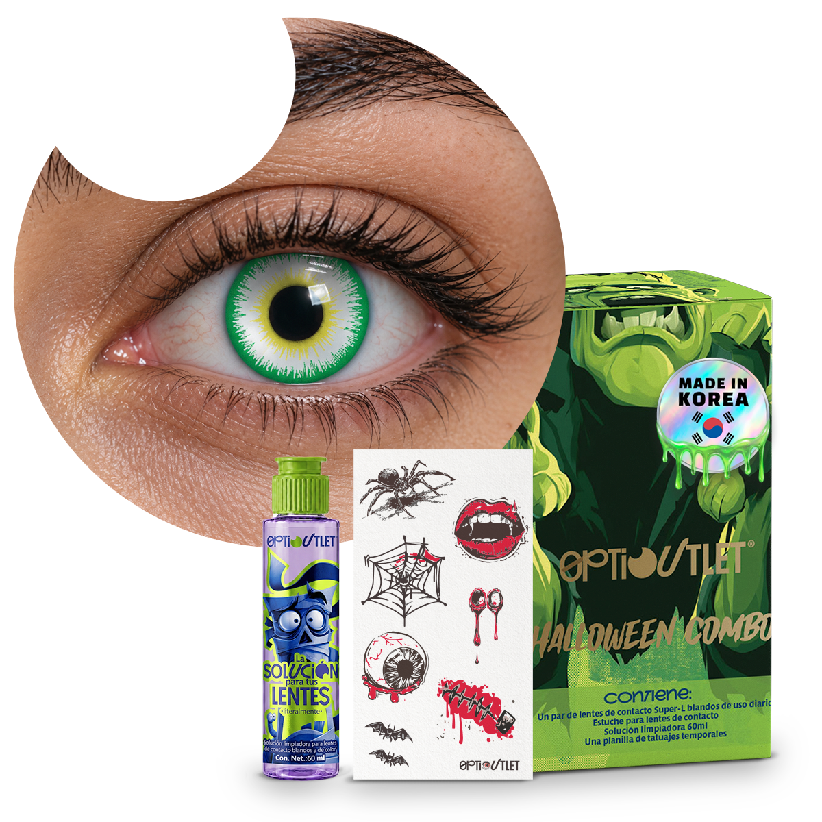 Combo Halloween Verde Duende: pupilentes de fantasía, estuche, solución limpiadora y tatuajes temporales