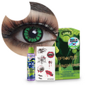 Combo Halloween Verde Glamour: pupilentes de fantasía, estuche, solución limpiadora y tatuajes temporales