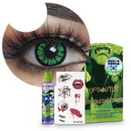 Combo Halloween Verde Glamour: pupilentes de fantasía, estuche, solución limpiadora y tatuajes temporales