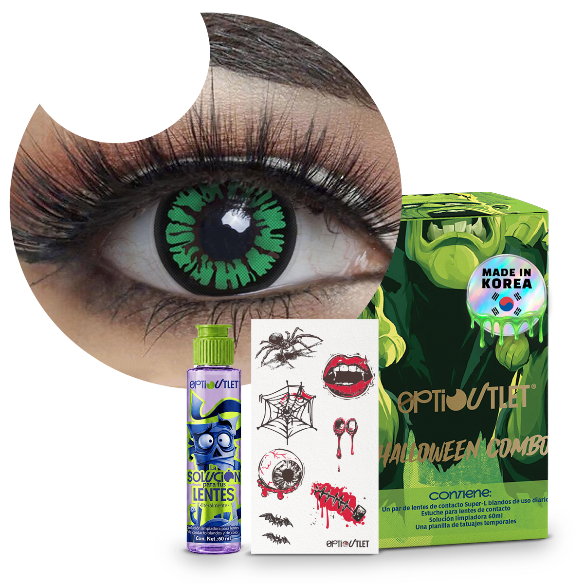 Combo Halloween Verde Glamour: pupilentes de fantasía, estuche, solución limpiadora y tatuajes temporales