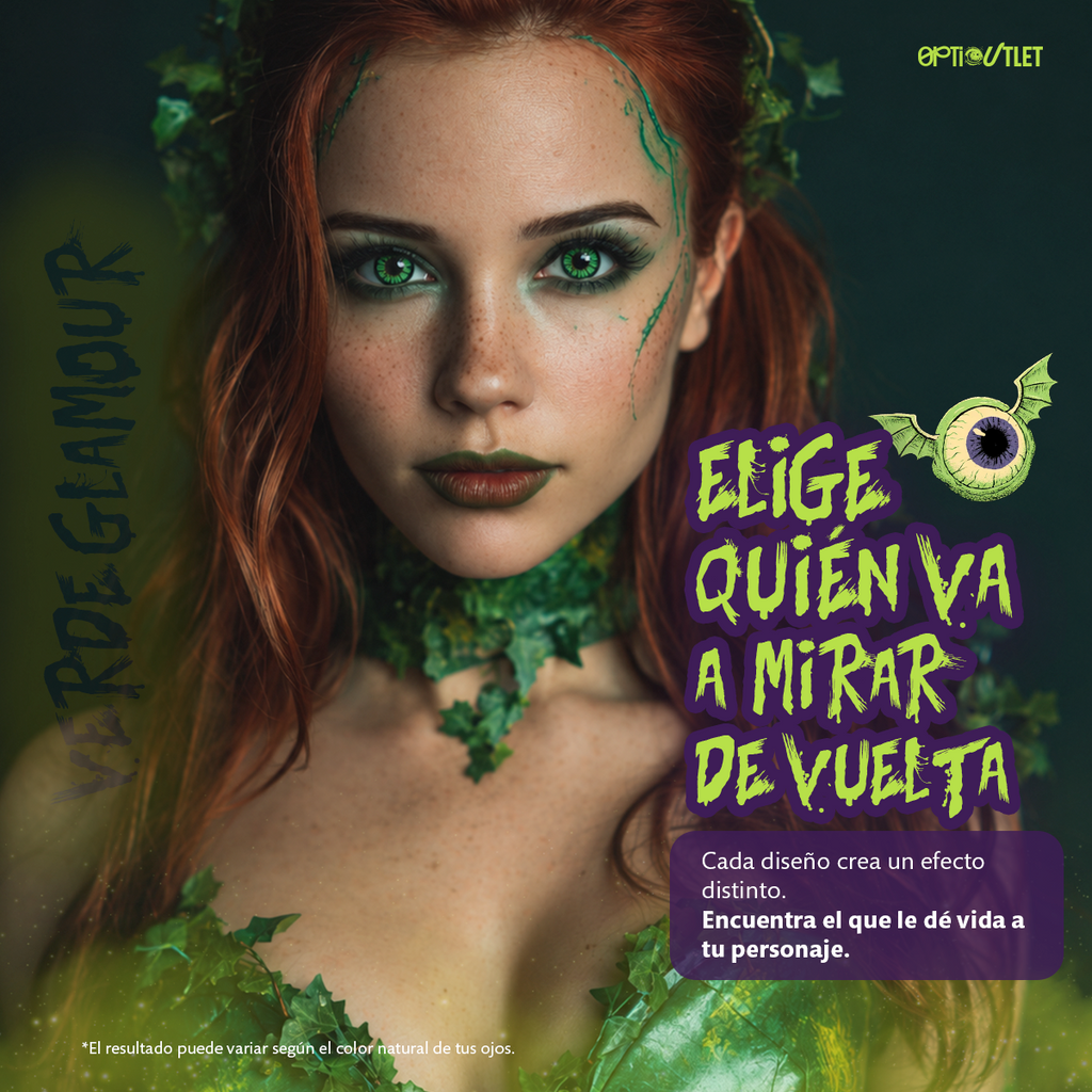 Modelo caracterizado con los pupilentes de fantasía Verde Glamour