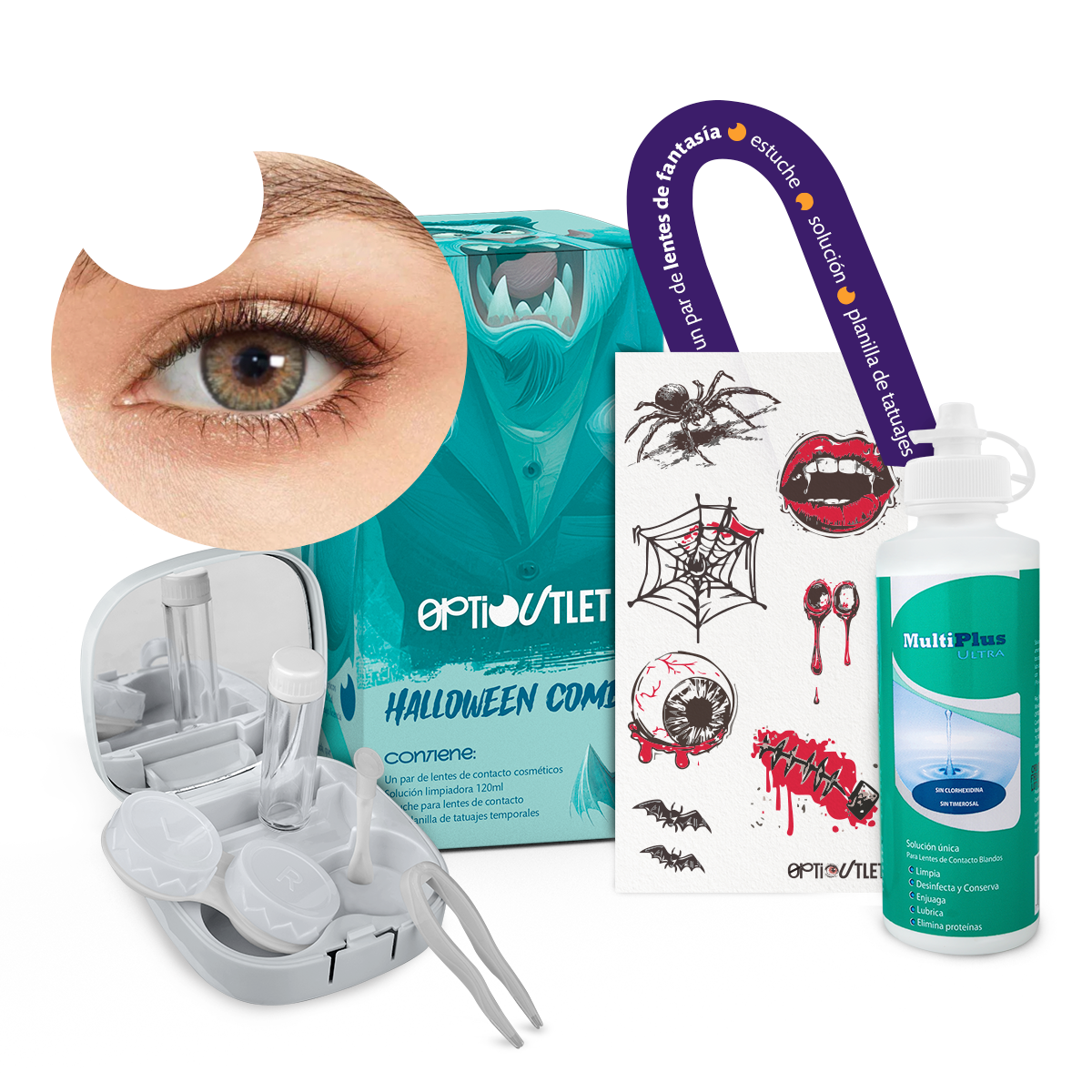 Combo Halloween Verde Joker: pupilentes, estuche, solución y tatuajes temporales
