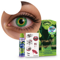 Combo Halloween Verde Lobo: pupilentes de fantasía, estuche, solución limpiadora y tatuajes temporales