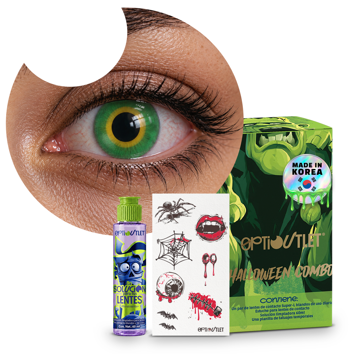 Combo Halloween Verde Lobo: pupilentes de fantasía, estuche, solución limpiadora y tatuajes temporales