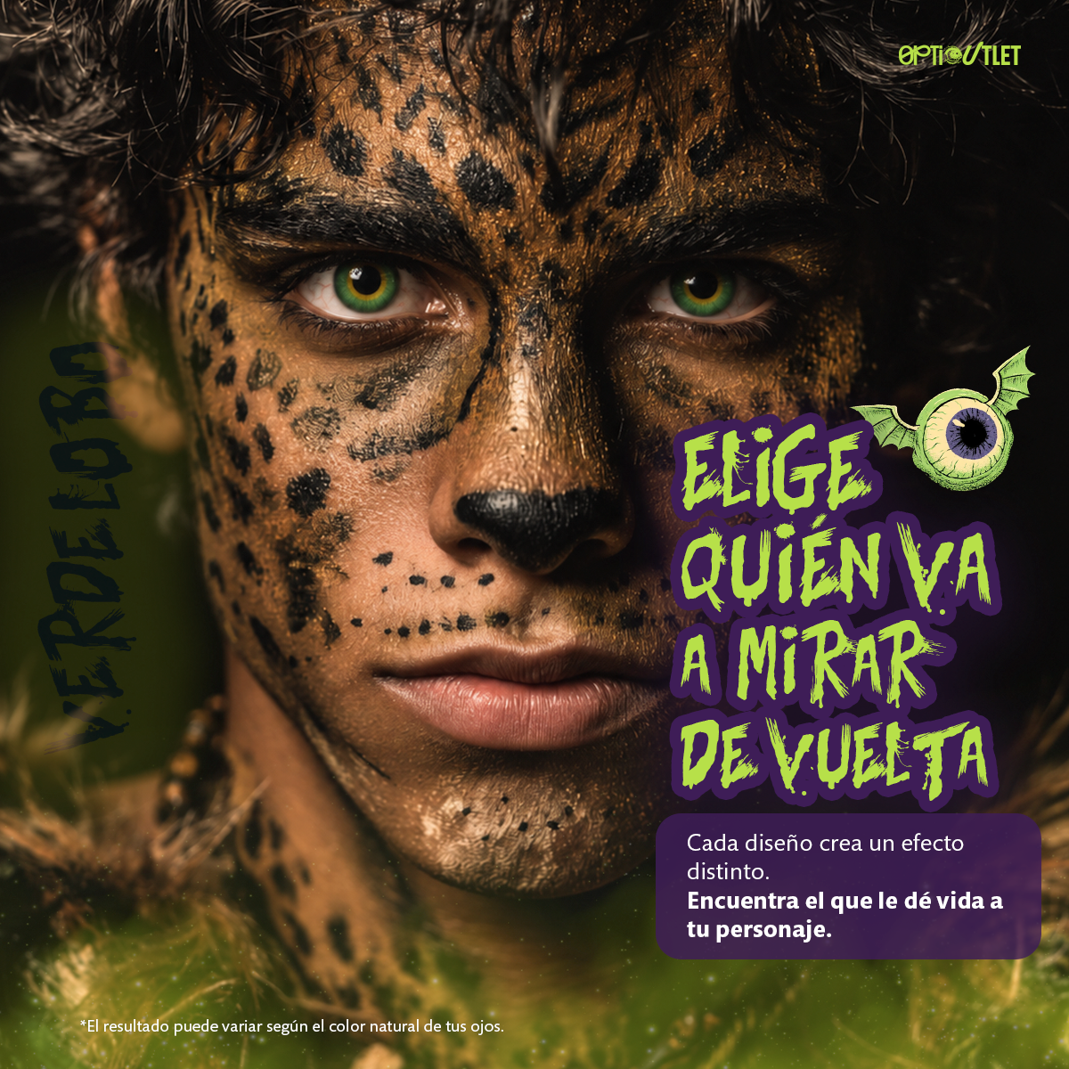 Modelo caracterizado con los pupilentes de fantasía Verde Lobo