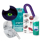 Combo Halloween Verde Neón: pupilentes, estuche, solución y tatuajes temporales