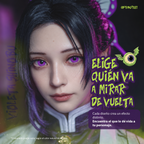 Modelo caracterizado con los pupilentes de fantasía Violeta Shinobu