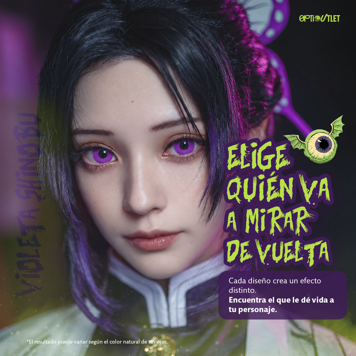 Modelo caracterizado con los pupilentes de fantasía Violeta Shinobu