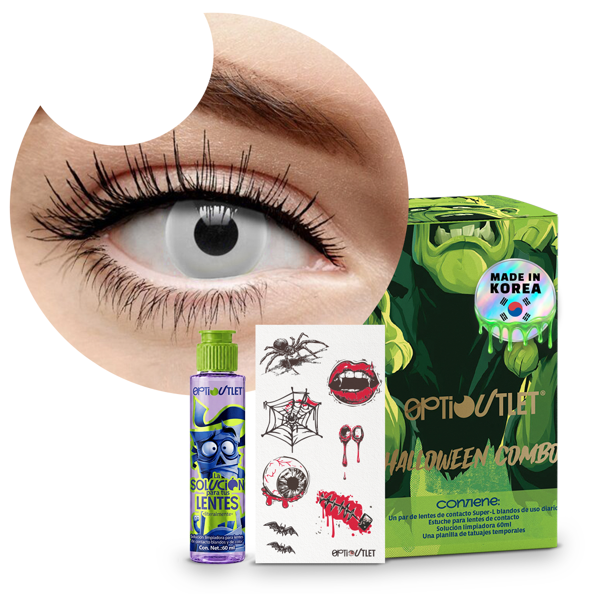 Combo Halloween Zombie Blanco: pupilentes de fantasía, estuche, solución limpiadora y tatuajes temporales