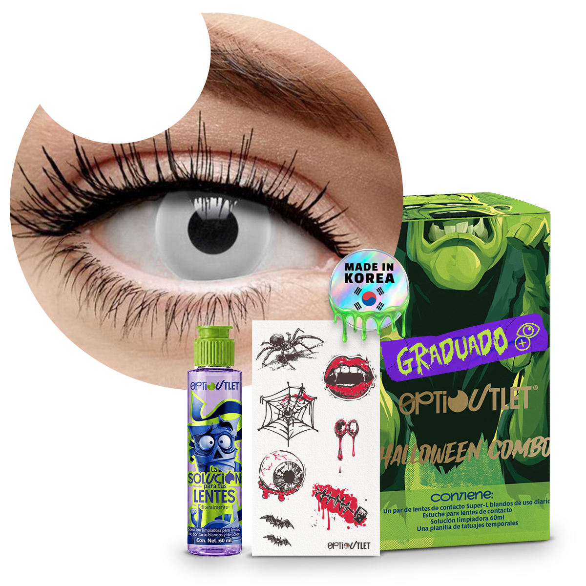 Combo Halloween Zombie Blanco Graduado: pupilentes de fantasía, estuche, solución limpiadora y tatuajes temporales
