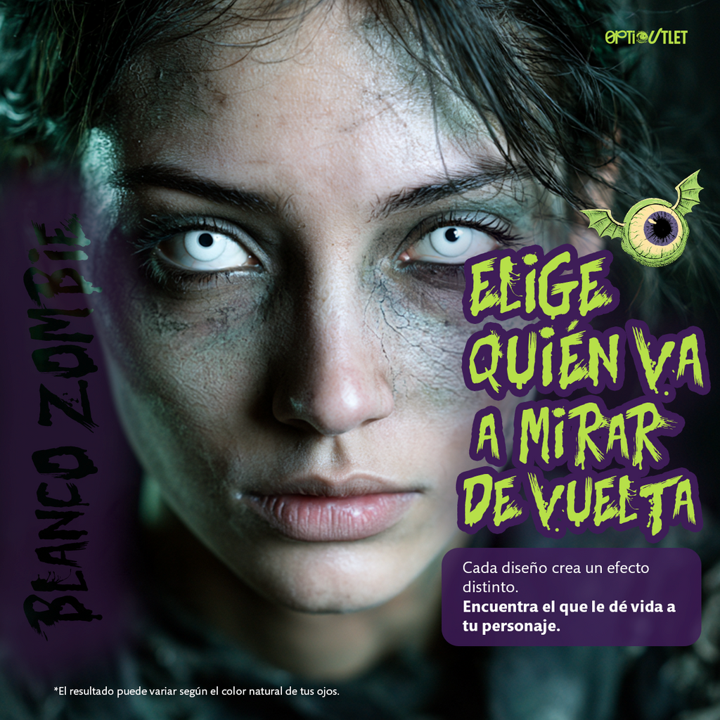 Modelo caracterizado con los pupilentes de fantasía Zombie Blanco Graduado